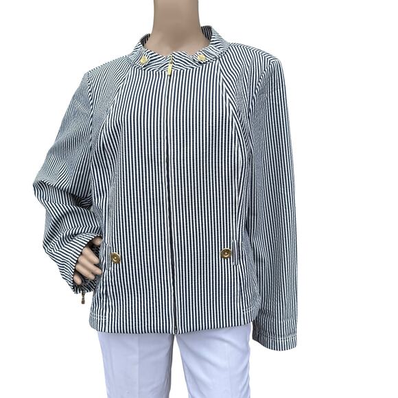 St. John Navy & White Striped Seersucker Nautical Mock-Neck Jacket – XL - Picture 1 of 12